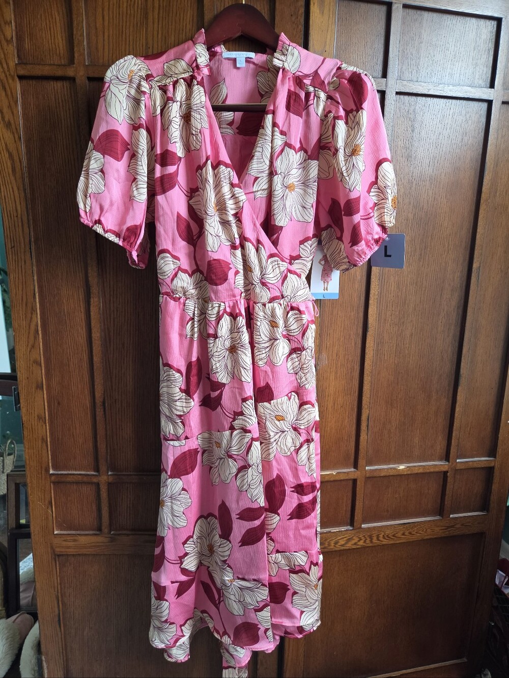 Draper James Pink Floral Wrap Midi Dress with Puff Sleeves
